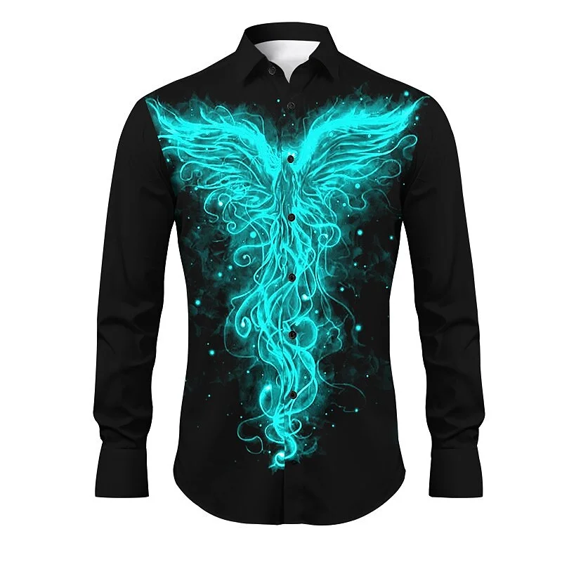 Men\'s Phoenix pattern printed shirt, suitable for daily outings, autumn and winter, lapel, long sleeves, red, royal blue, blue