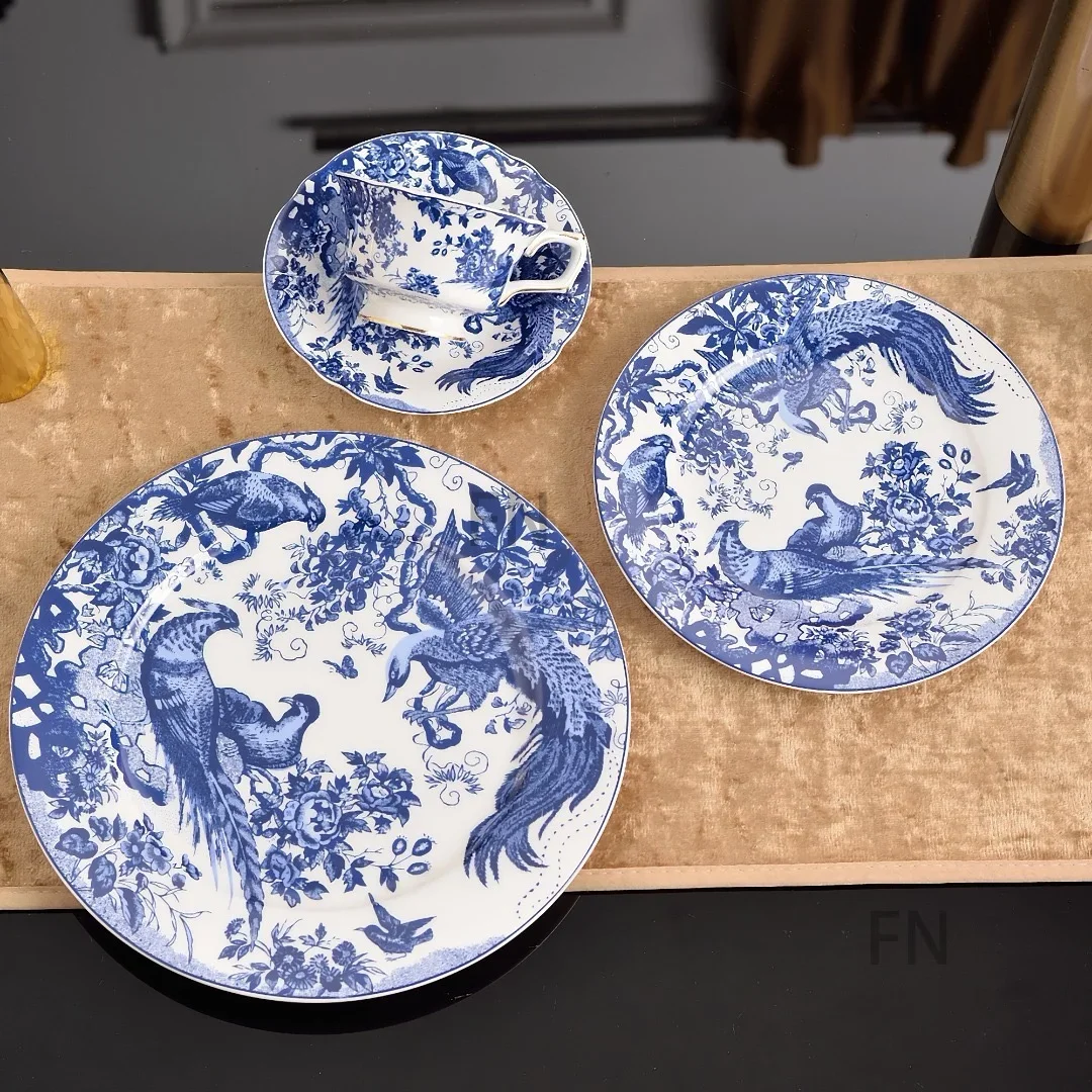 

European Derby Phoenix Blue and White Double Cup and Saucer 1 Person Four-Piece Tableware Coffee Cup Dinner Plate Steak Plate