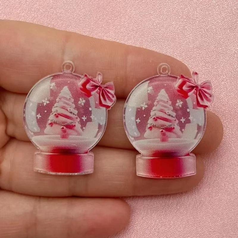10pcs popular European and American acrylic Christmas snowball cake tree earrings with pink bow Christmas fashion accessories view 2