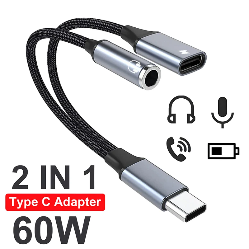 

OTG 2 IN 1 Type USB C to 3.5mm Jack AUX Audio Headphone Adapter Fast Charger 60W for Samsung iPhone 15 Huawei Xiaomi Tablet iPad