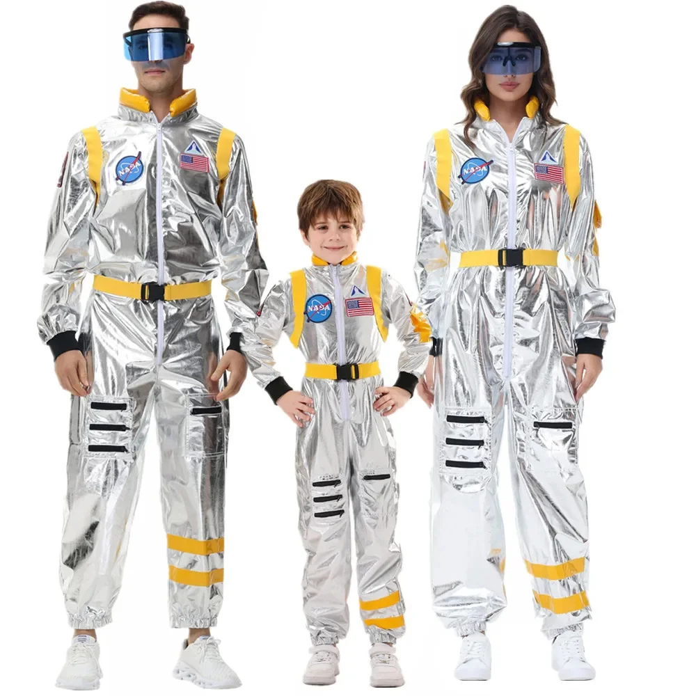 Disfraz de astronauta plateado para adultos y niños, traje espacial para hombres y mujeres, Cosplay, Halloween, Carnaval, fiesta, vestido