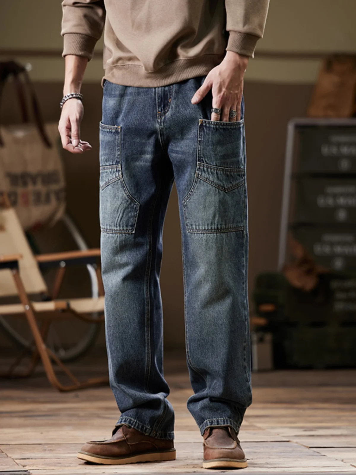 

American Retro Wide Leg Pure Cotton Thi Straight Leg Men's Jeans Autumn Winter Workwear Trousers Multiple kets Loose Fit
