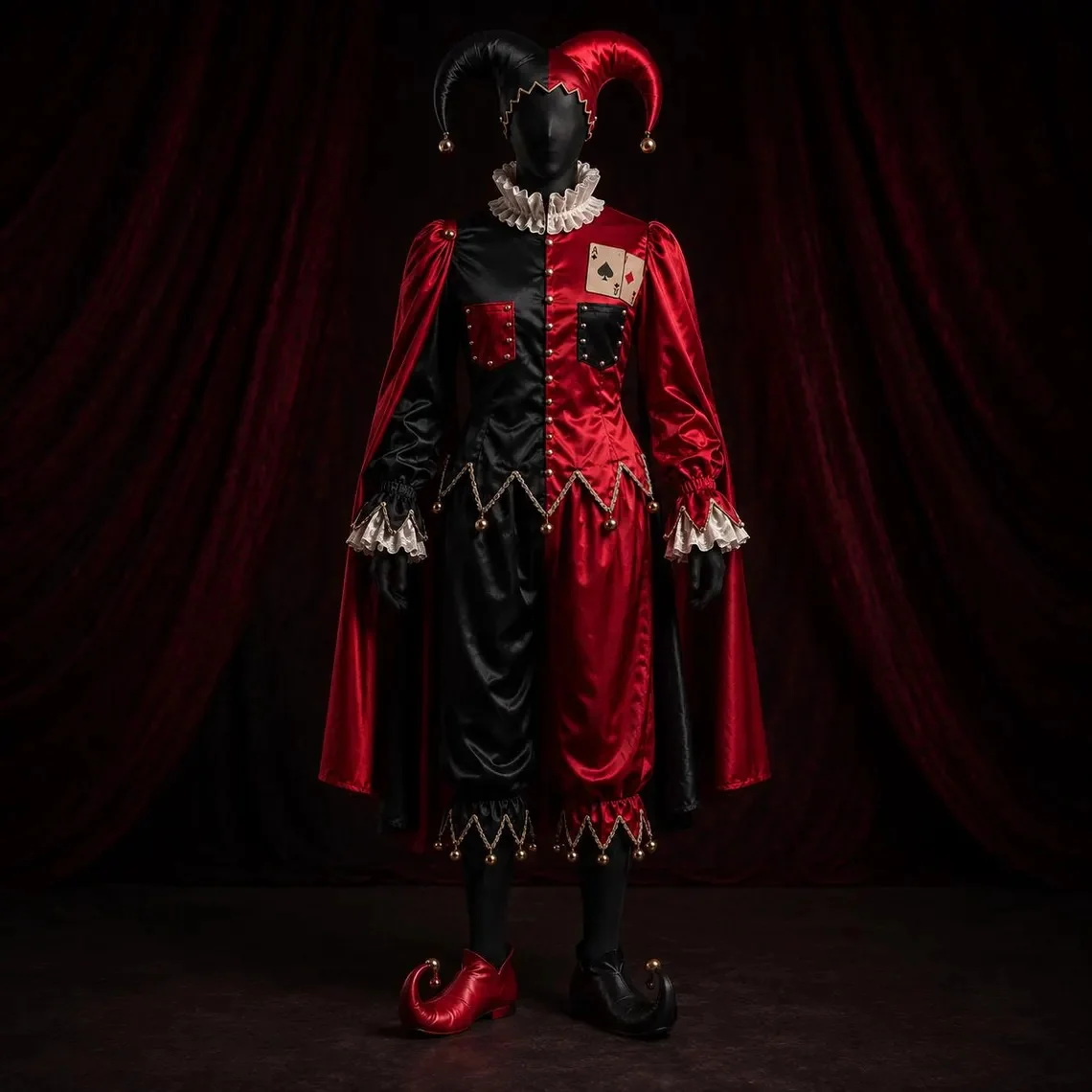 Custom Made Medieval Gothic Court Jester Cosplay Costume Red Black Harlequin Halloween Carnival Outfit Suit Clown Joker Fairy