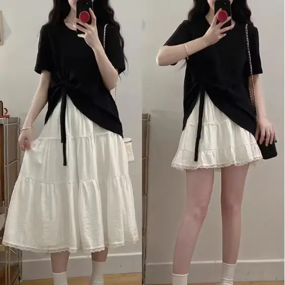 

Summer 2026 Casual Cake Skirt Set plus Size Asymmetrical Bow Tie Top Belly Concealing Slimming Two Piece Fashion Ensemble