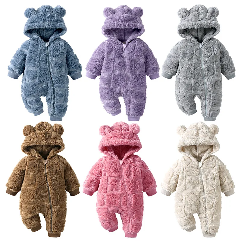 

Winter Baby Boys Girls Clothes 0 To 3 6 9 12Months Hooded Crawl Suit Solid Color Zipper Jumpsuits Newborn Baby Unisex Onesies