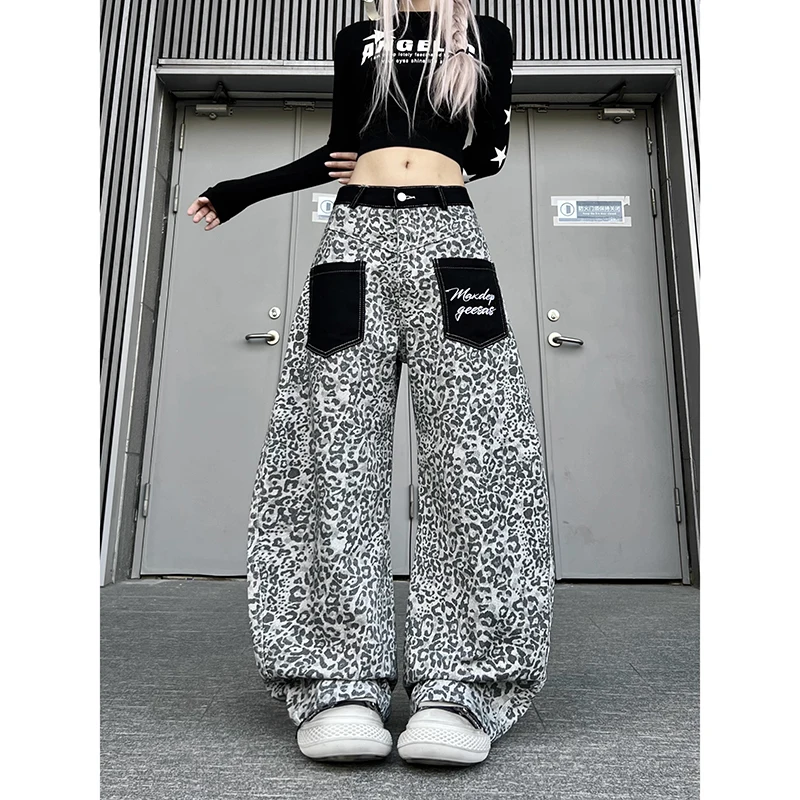 ZHIZOU Women Y2K Harajuku High Street Aesthetic Retro Leopard Wide Leg Jean Embroidery Denim Pants Street Style Vintage Clothing