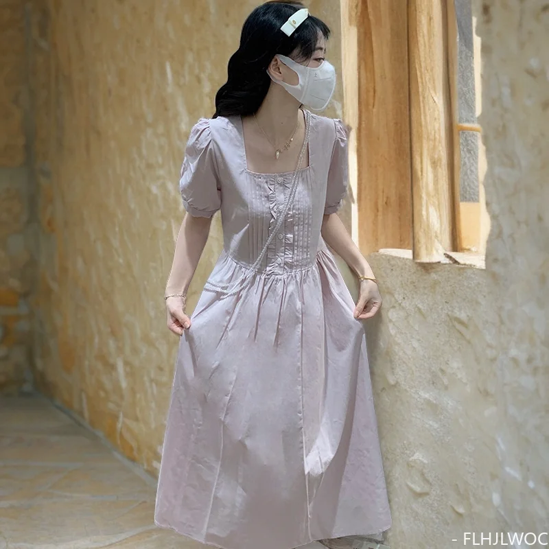 Vestidos lindos con cuello cuadrado Japón niñas mujeres verano manga corta dulce volantes vestido camisero con botones rosas