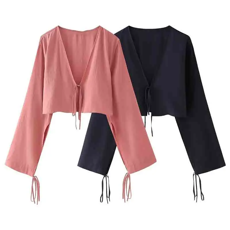 ZHUISHU Flowing Cropped Short Shirt Women Summer Lace Up Sexy Long Sleeves With Tied Openings Blouses Bow Lightweight V Neck Shi