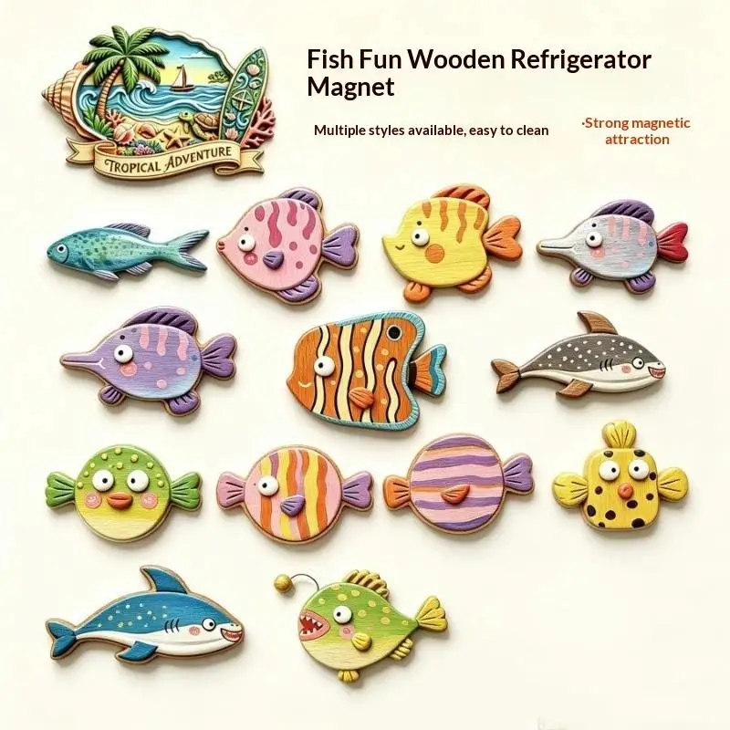 Creative Cartoon Sea Fish Fridge Magnets 1/5Pcs Eco-friendly Wooden Refrigerator Magnet for Kitchen Home Gift for Kids