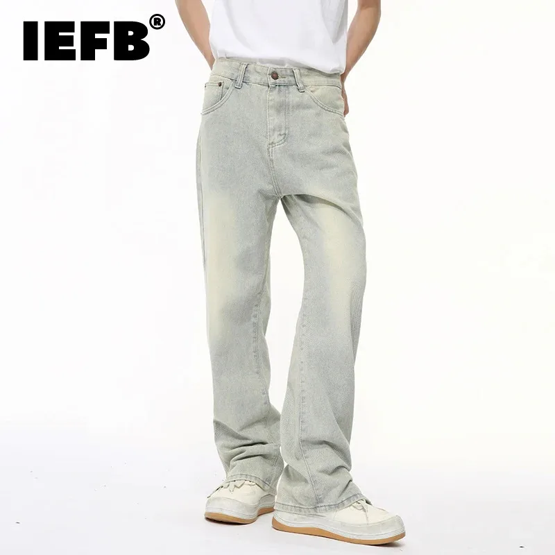 IEFB High Street Male Jeans Loose Split Zipper Worn-out Men's Denim Pants Straight Wide Leg Menwear New Trend Autumn 9C6401