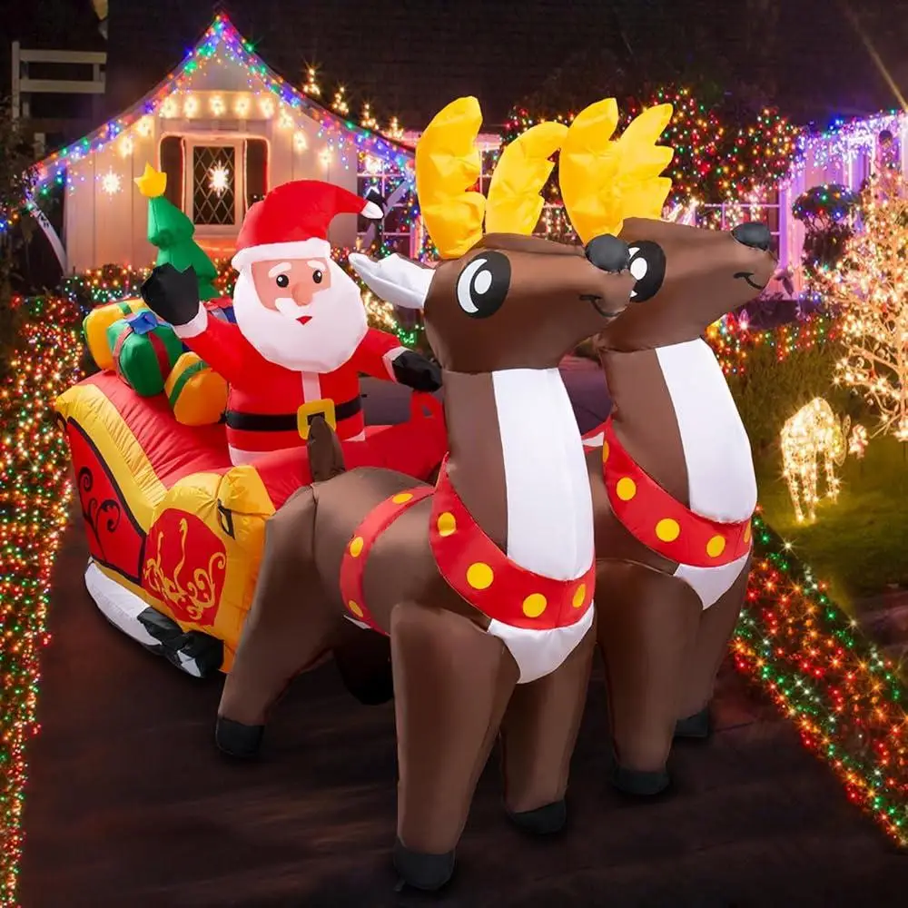 7FT Christmas Inflatables Santa Claus Sleigh with Reindeer Yard Decorations Outdoor Holiday Blow Up Decor Family Party Lights