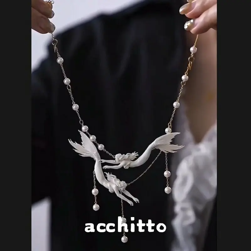 Twin Mermaid Necklace Perlas Barrocas Naturales Retro Elegant Cold Style Clavicle Chain Collares Para Mujer Jewelry Regalos view 2
