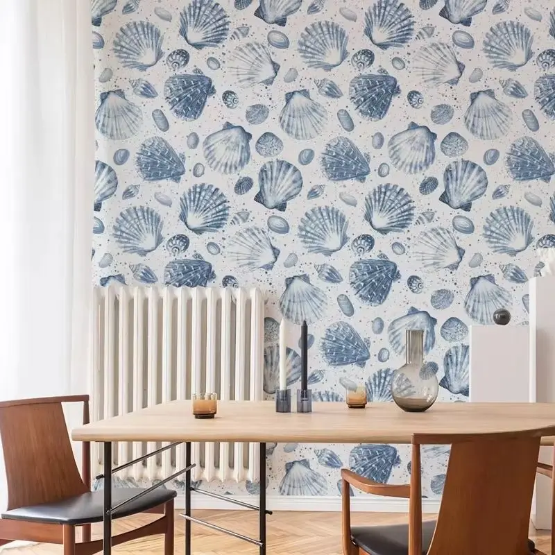 Seashell Wallpaper Peel and Stick, Blue & White Coastal Print Wall Mural,Nautical Home Decoration, Self-adhesive Or Traditional
