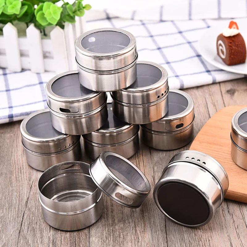 Magnetic Spice Jars with Wall Mounted Rack Stainless Steel Spice Tins Seasoning Containers with Spice Label Food Storage Base