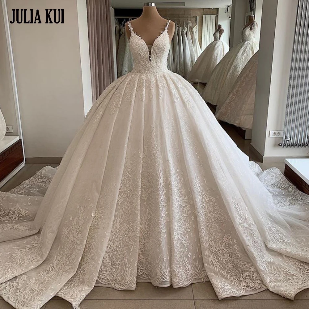 Julia Kui Luxuries Spaghetti Strap Ball Gown Wedding Dresses Princess Court Train Corset Back Closure