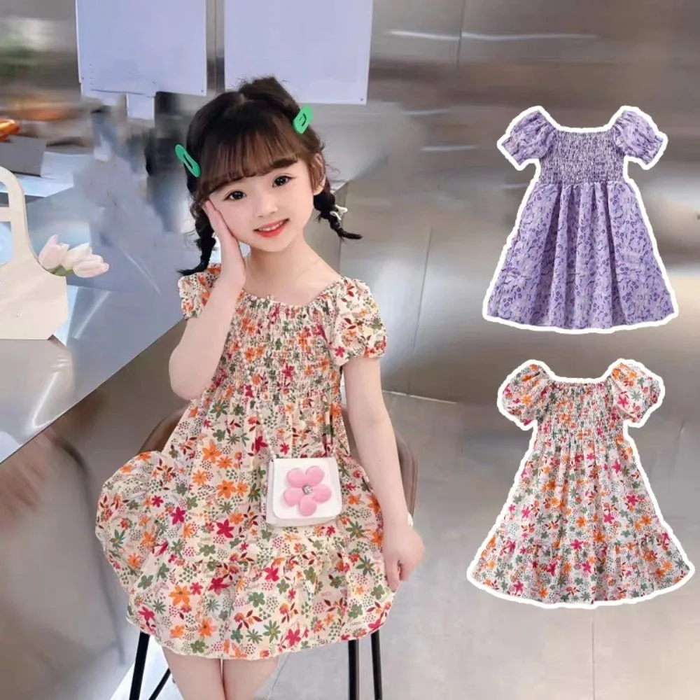 

Милое платье с пышными рукавами для девочек с цветочным принтом, свободные летние детские платья с цветочным принтом, плиссированное детское платье принцессы с квадратным вырезом, вечерние