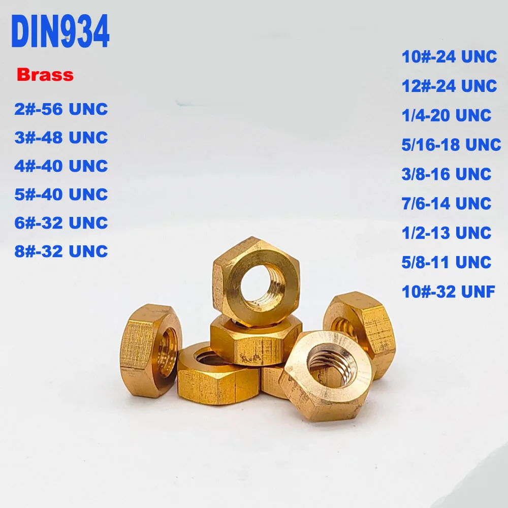 Brass Hex Nuts DIN934 GB6170, Imperial UNC UNF Thread Nut 2# 4# 6# 8# 10# 1/4‑20 5/16‑18 3/8‑16 1/2‑13 5/8‑11 Hardware Fastener