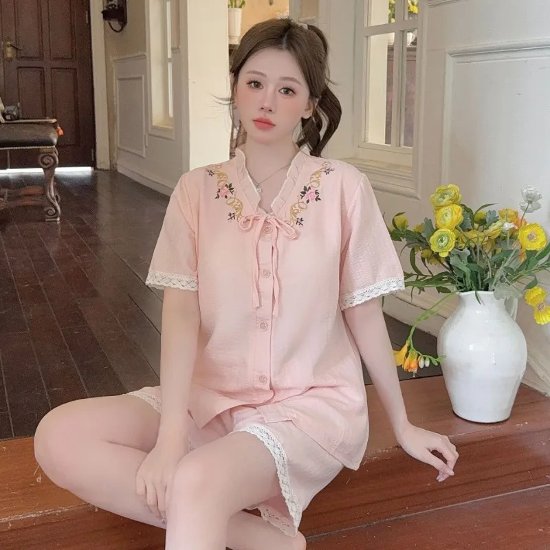 

2XL Large Size Summer Women Pajamas Set with Chest Pad Cloud Cotton Short Sleeve Short Sleepwear Korean Embroidery Home Clothes