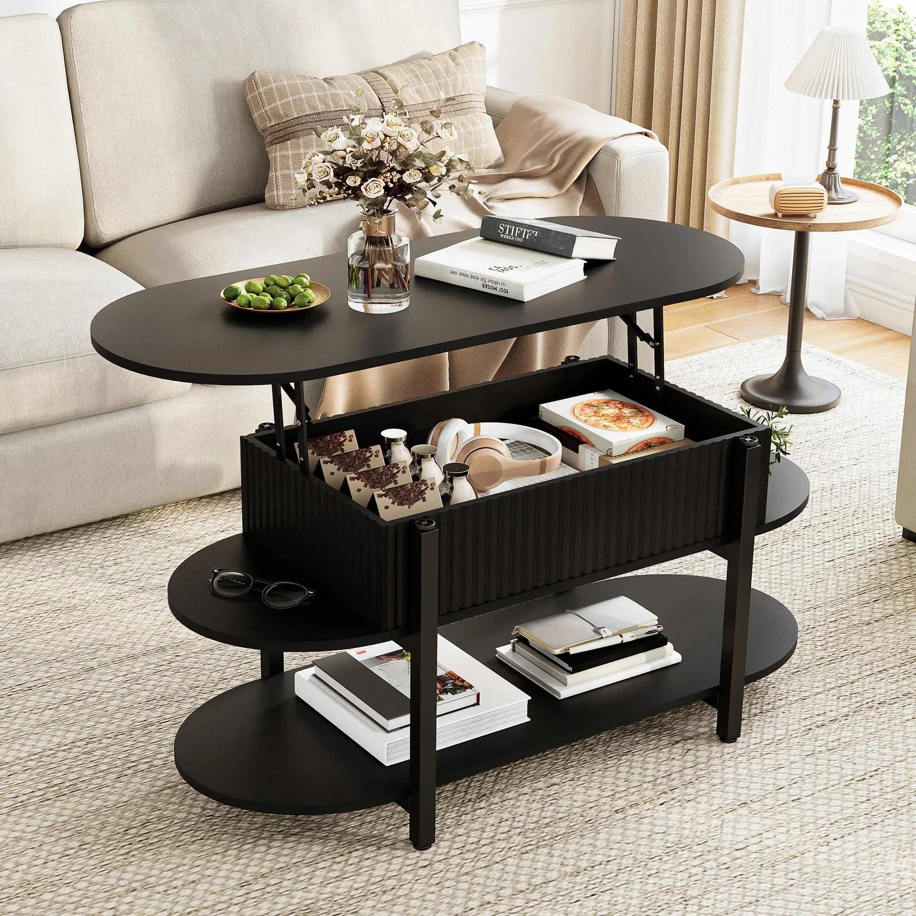 Fangange Couchtisch mit aufklappbarer Tischplatte und verstecktem Stauraum, ovaler, moderner Couchtisch mit verstellbarer Höhe, 106 x 45 x 50 cm, multifunktionaler Couchtisch mit offenen Seitenregalen