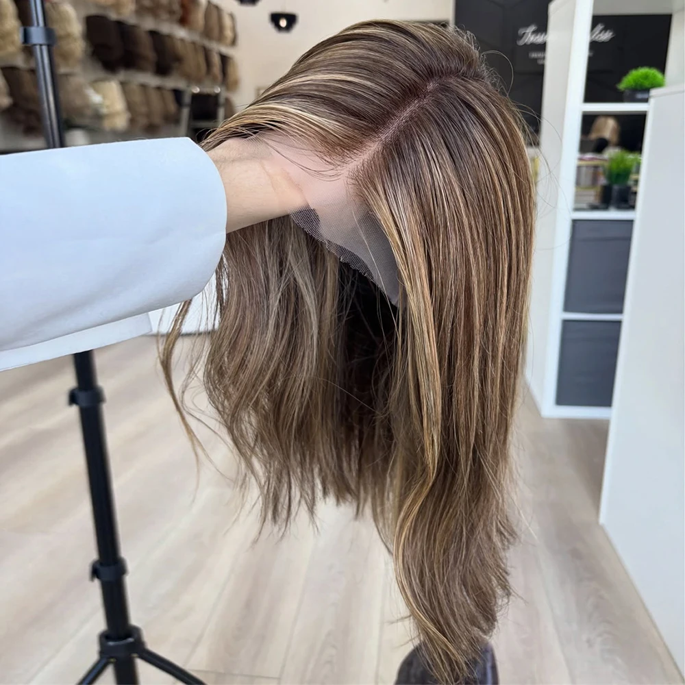 

Highlights Brown Short Bob Pre Plucked Synthetic Lace Front Wig for Women 13x4 Wear-and-Go Glueless Layered Natural Wave Wig