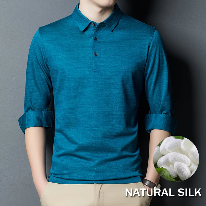 Luxury Silk Blended Long Sleeve Polo Shirt Men Solid Color Collar T-shirt Brand Lightweight Men's Plain Top For Business Male XL