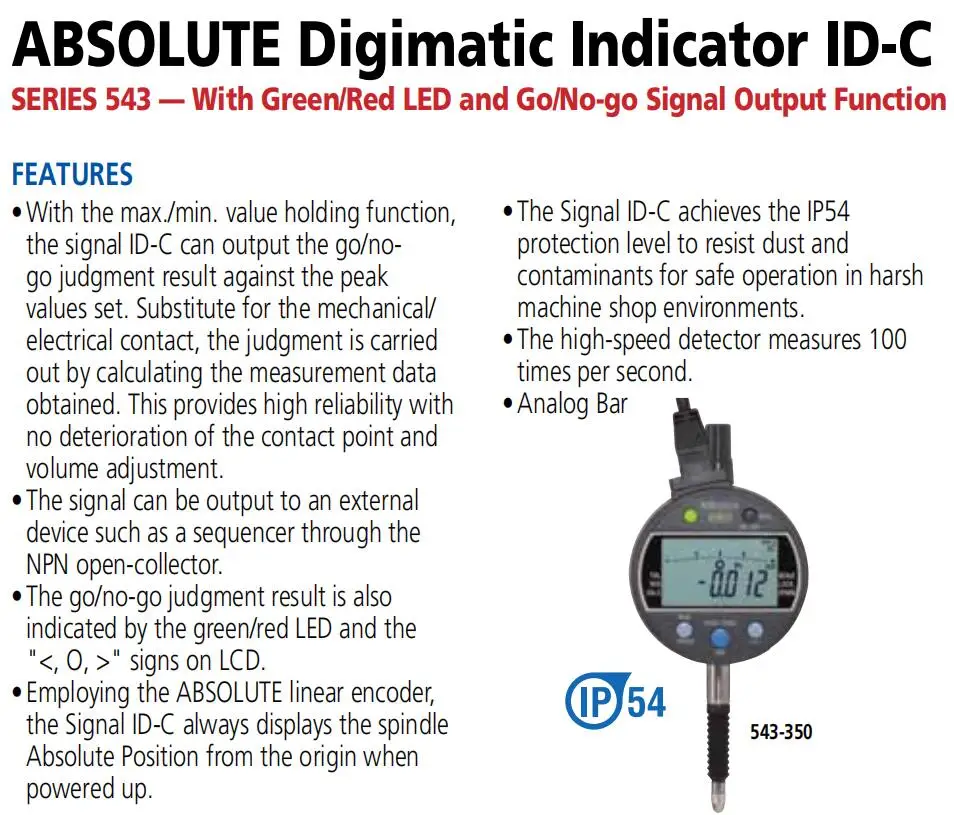 Mitutoyo 543-350B-10 ID-C112JXB2 measuring range 0-12.7mm resolution 0.001mm IP54 Go/No-go Signal Output digital indicators