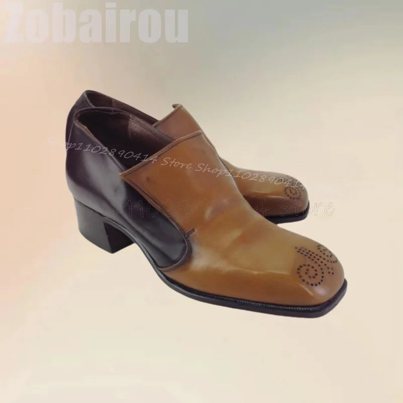 Mocassins à Talons Épais Carimplantés pour Hommes, Chaussures à Enfiler Luxueuses, Faites à la Main, Design Carré Marron, ixet Banquet, Mode Décontractée