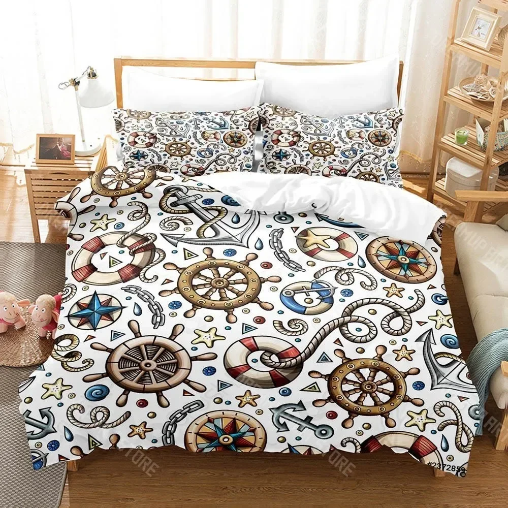 Exquisite Personelity 2024 New Blue Anchor Bedding Set Cartoon Anime Three-piece Set Adult Kid Bedroom Duvetcover Sets