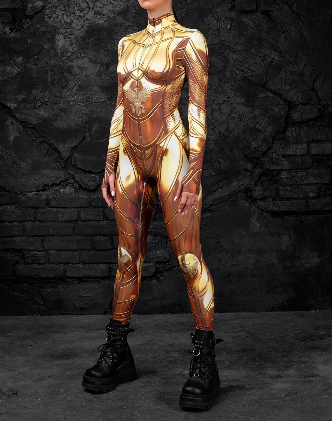 Damen Cosplay Totenkopf Steampunk Kostüm Elastische Bodysuits Cyberpunk Mechanische Goldene Rüstung Jumpsuit Halloween Party Romper – Detail 9