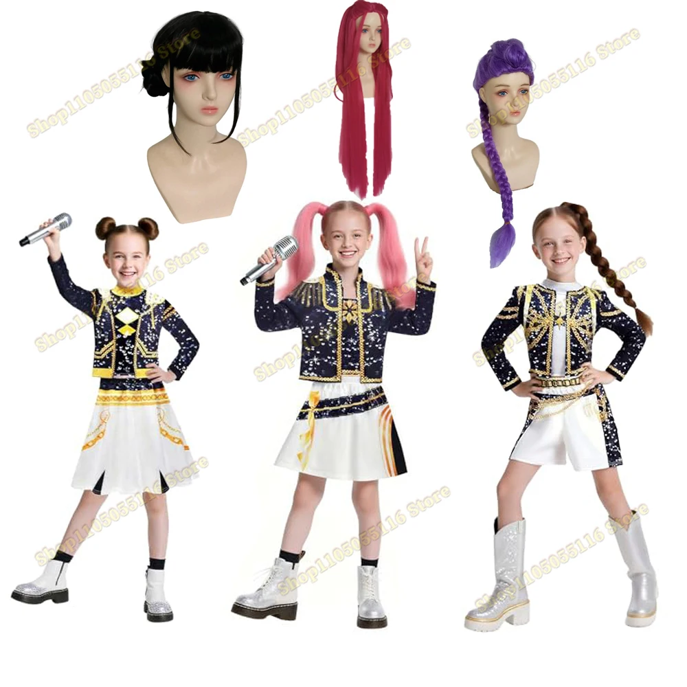 

6 to 14 Years Huntrix Rumi Cosplay Kids Girls Black Golden Stage 3D Clothing 2025 Cartoon Demon Hunters Costume Disguise Outfits