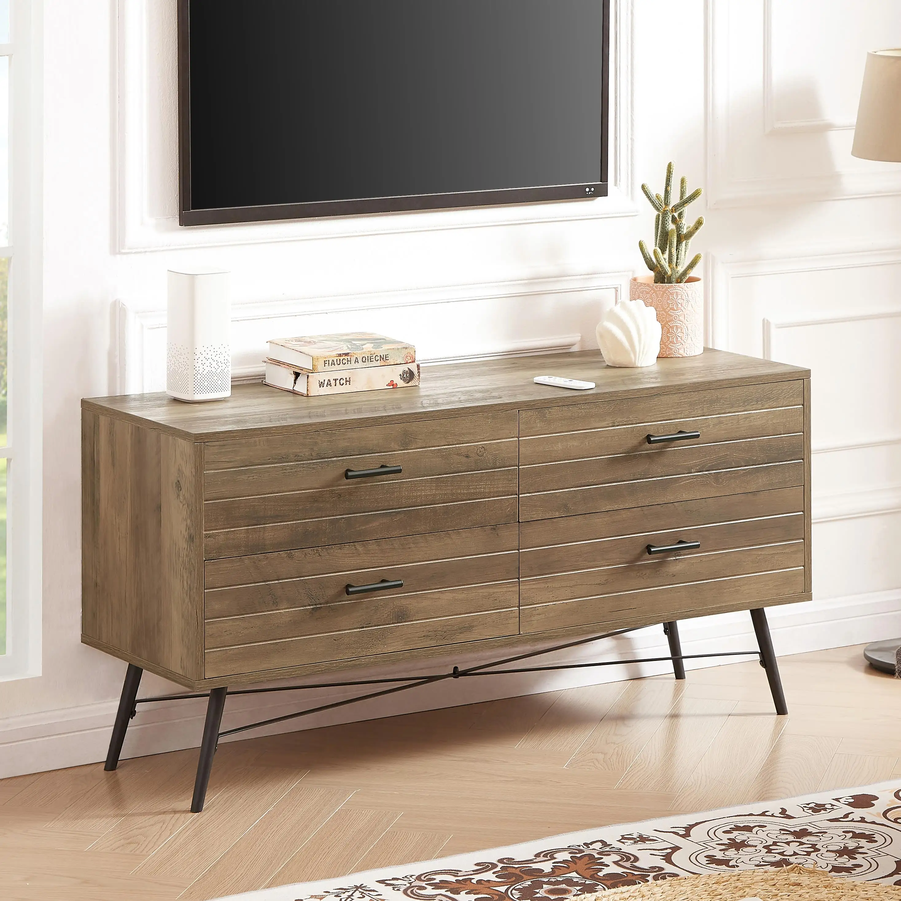 Rustic Walnut 4-Drawer Dresser Chest - Versatile Storage Unit for bedroom , Living Room & Hallway, 47.2W x 15.7D x 23.6H