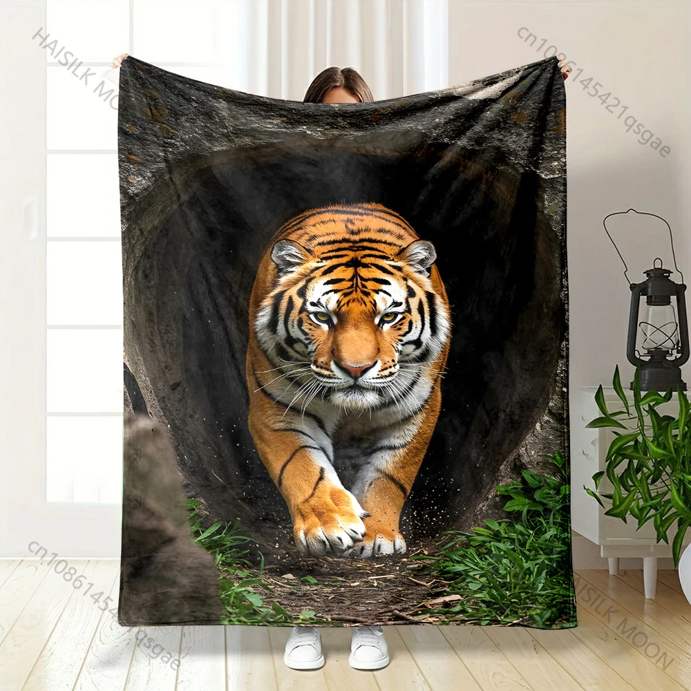 Multiple sizes Tiger emerging from cave Print Blanket Warm Soft Suitable for All Seasons for Home Sofa Travel Camping Picnics RV