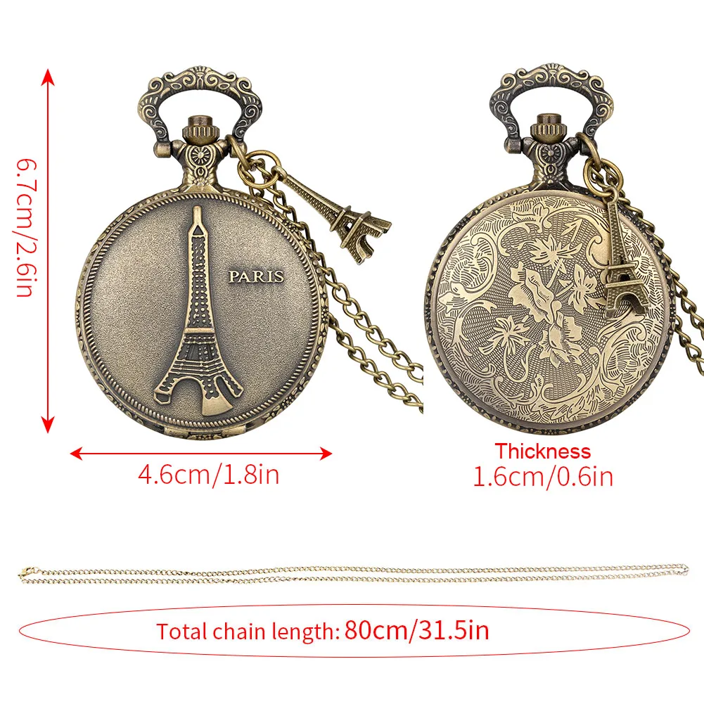 Klassische Eiffelturm Serie Quarz Taschenuhr Bronze Halskette Anhänger Uhr Vintage Souvenir Sammlung Zeitmesser Geschenk Unisex