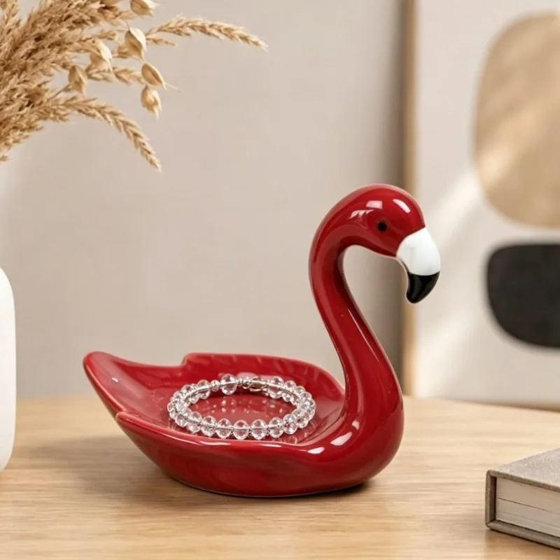 Nordic Color Ceramic Flamingo Jewelry Plate Living Room Entrance Dining Table Key Jewelry Ring Storage Plate Craft Birthday Gift