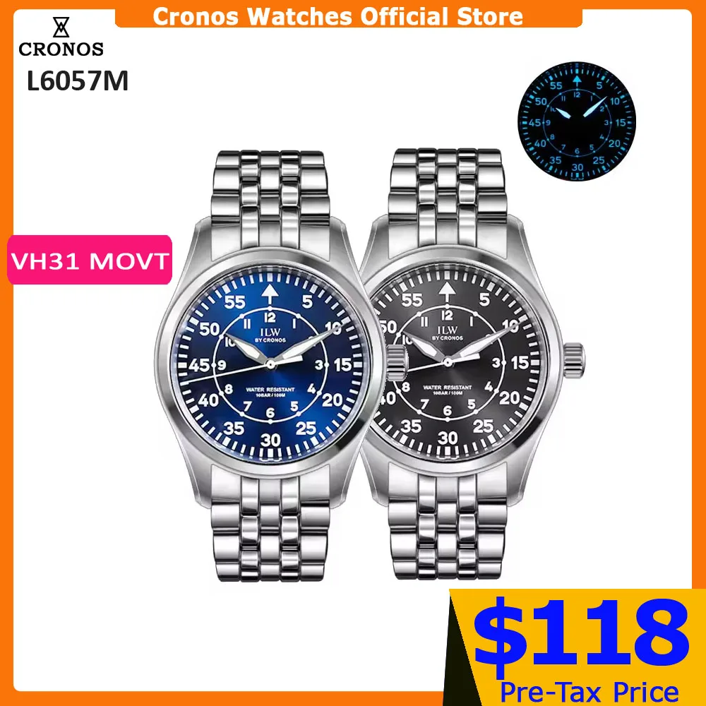 Cronos Pilot Flieger Men Watch 39mm Quartz VH31 Stainless Steel Super Lum Sapphire 5 Links Bracelet 100m Water Resistance L6057M