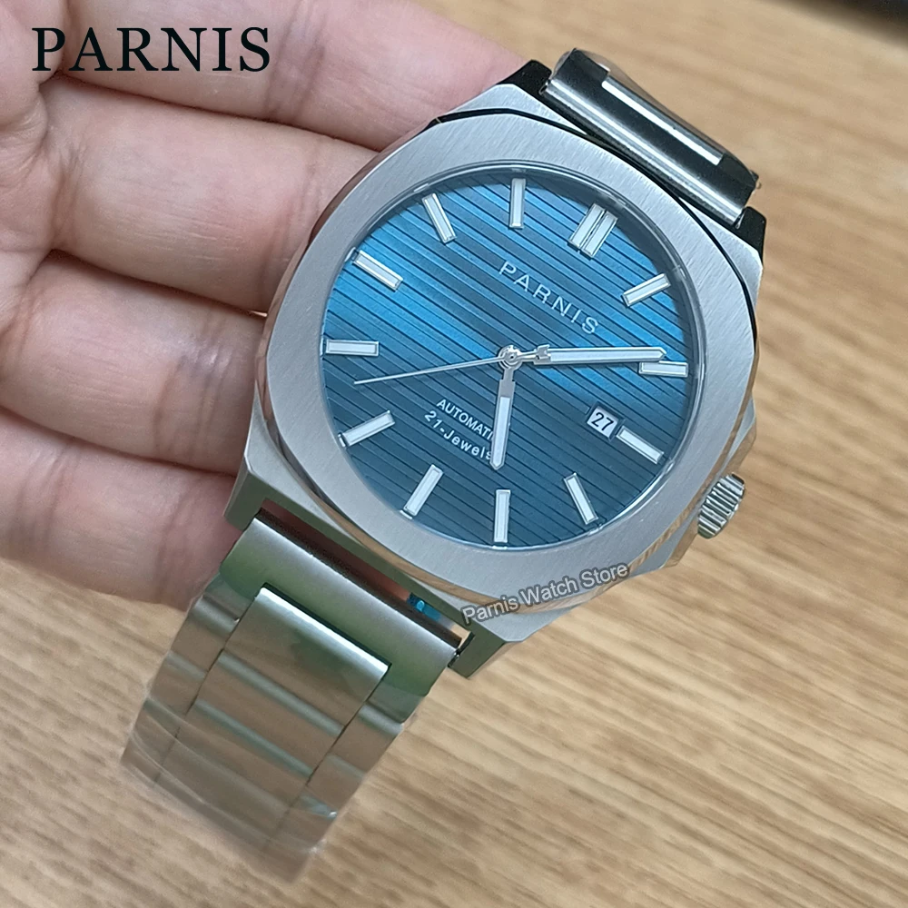 Parnis-男性用自動機械式時計,ステンレススチール,サファイアクリスタル,ブルーダイヤル,発光マーク,miyota8215,42 mm