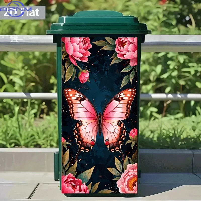 [2D Flat Printing]1pc Trash Can Sticker[Title Translated, Do Not Change] Pink Butterfly Playing with Peony Theme Design Wall S