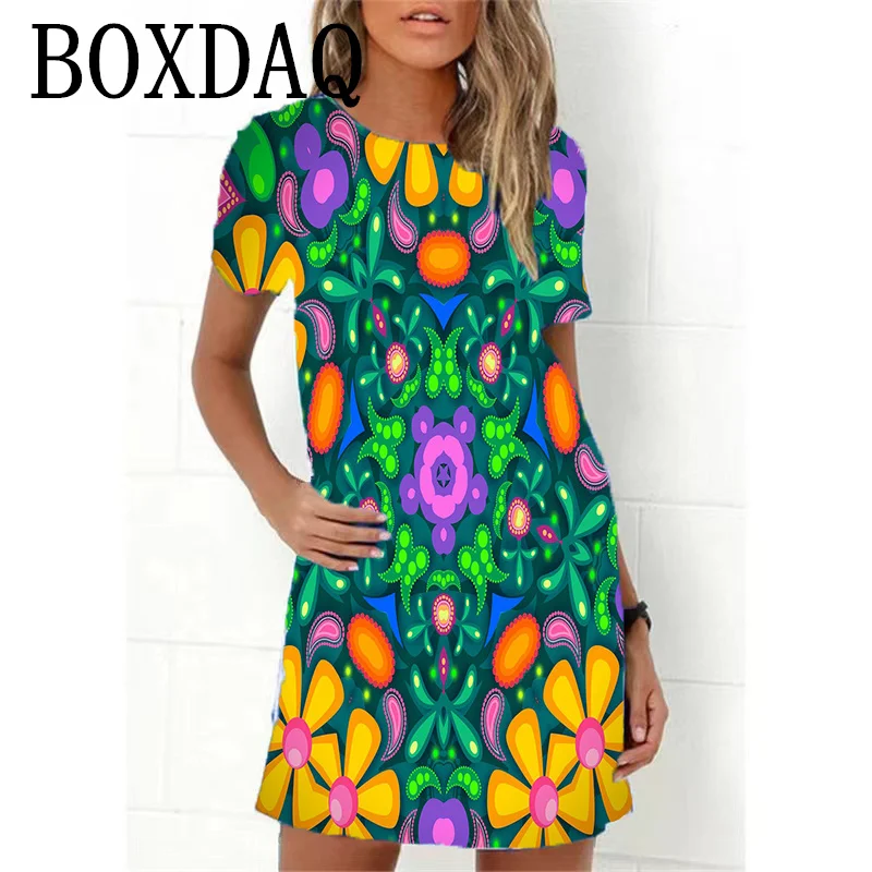 Flower Power Women Dress Retro Hippie 60s Elegant Short Sleeve Loose Dress Casual Fashion Oversize Summer Woman Print Mini Dress