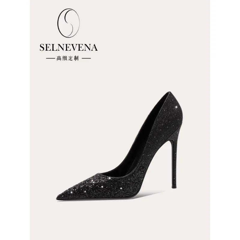 

Сексуальные остроконечные черные туфли на высоком каблуке для женщин, элитных дней рождения, банкетных дочерей Socialite, вечерних платьев и одиночных туфель.