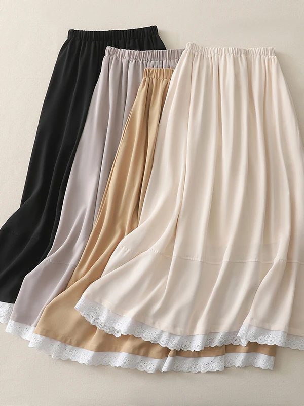 

Summer 2026 Large Size Women's A-Line Midi Skirt Lace Trim Patchwork Slimming High Waist Cotton Blend Casual Artistic Style
