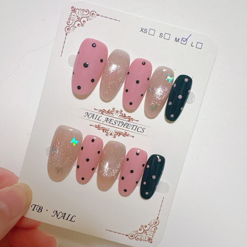 

10pcs Ins Blue Short Oval False Nails Retro Hand-drawn Polka Dot Butterfly French Press on Nails Full Cover Detachable Manicure