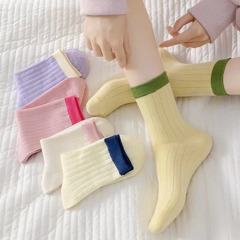 Sweet Style Dopamine Color-Block Striped Socks for Women Summer Thin Rainbow Student SocksinsMid-Calf Socks Casual Socks