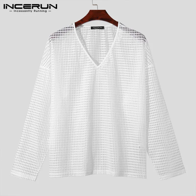 Stylish Casual Style Tops INCERUN New Mens Solid Checkered Perspective T-shirts Male V-neck Shoulder Long Sleeved Camiseta S-5XL