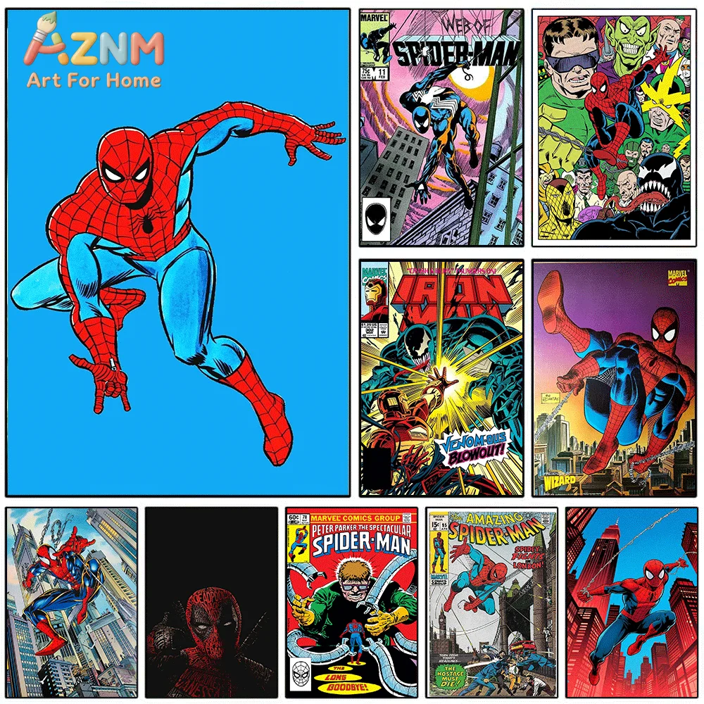 AZNM Spiderman Classic Blue Background Jump Action Comic Canvas Wall Print, Vintage Superhero Retro Comic Book Cover Art Poste