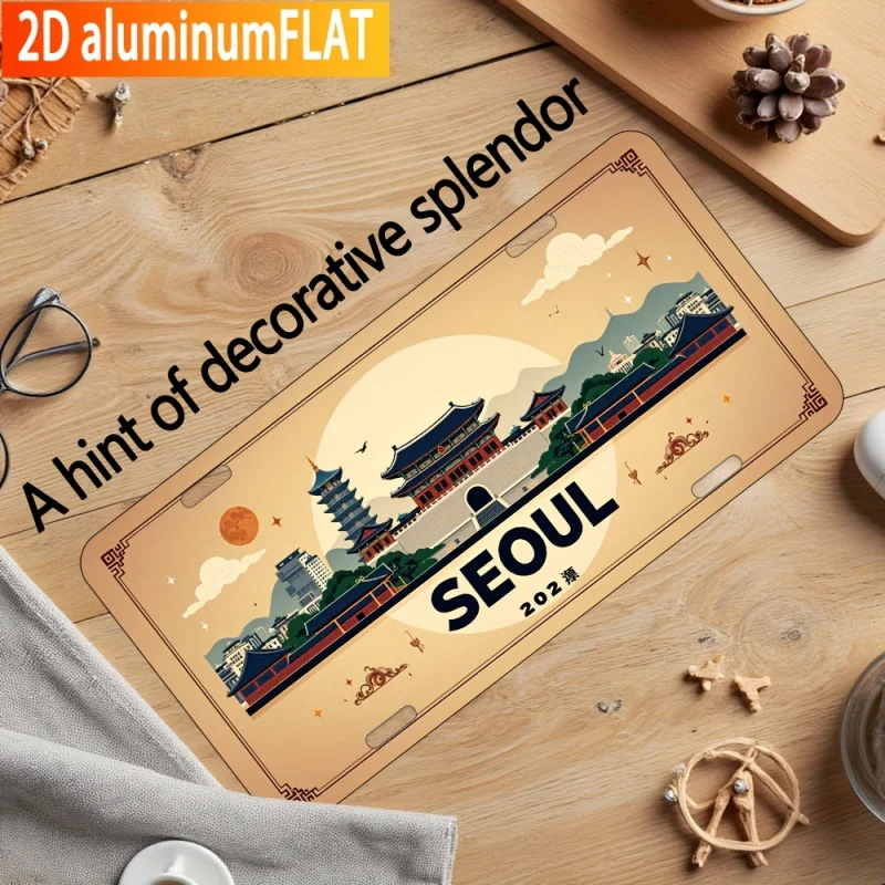 لافتة ألومنيوم معدنية صناعية عتيقة - لوحة فنية جدارية مسطحة عالية الدقة ثنائية الأبعاد مع معالم سيول وأنماط كورية تقليدية #5