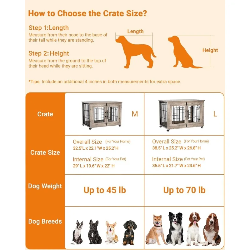Dog Crate Furniture with Cushion, WoodenKennel with Double Doors, Heavy Duty  Cage End Table with Wheels,House