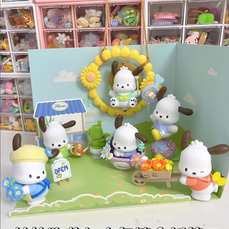 MINISO pudełko z niespodzianką Sanrio Pochacco kwiaty i chłopcy seria figurka ozdoba Kawaii zabawka dla dzieci prezent urodzinowy boże narodzenie