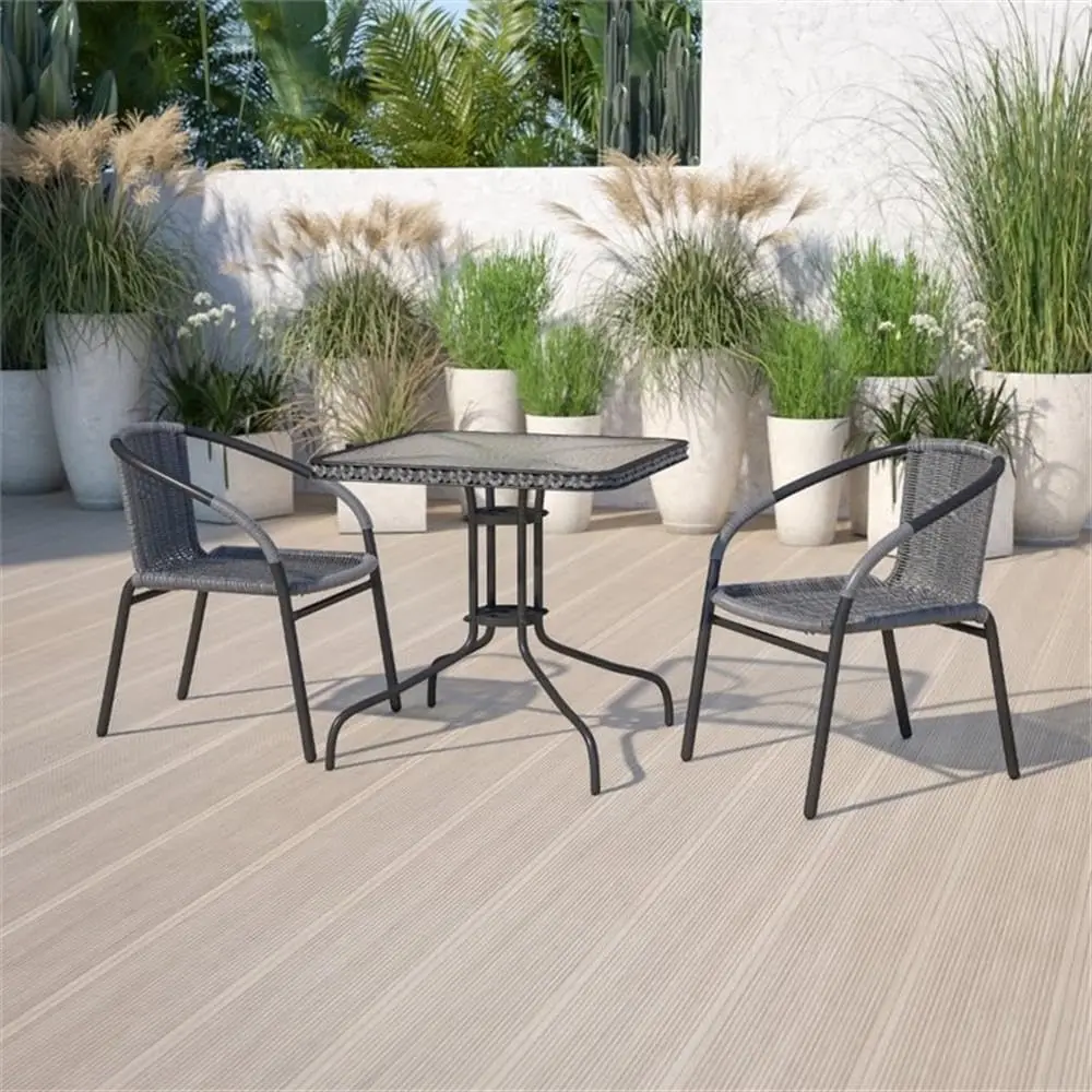 Stackable Rattan Dining Chair Set 2, Gray Curved Back Arms, Black Steel Frame, Indoor Outdoor Patio, Customized