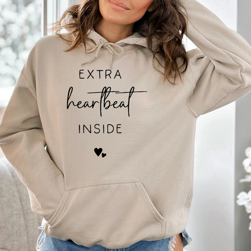 

Funny Extra Heartbeat In Side Letter Print Hoodies For Women Hooded Sweatshirt Pregnancy Pullover Long Sleeves Maternity Hoodies