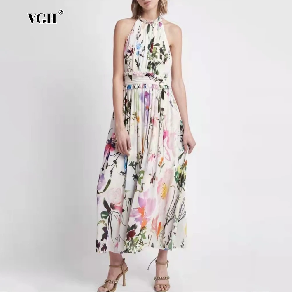 Vgh chiffon flor impressão meados de vestidos para mulheres halter sem mangas cintura alta retalhos cortar férias praia vestido verão novo